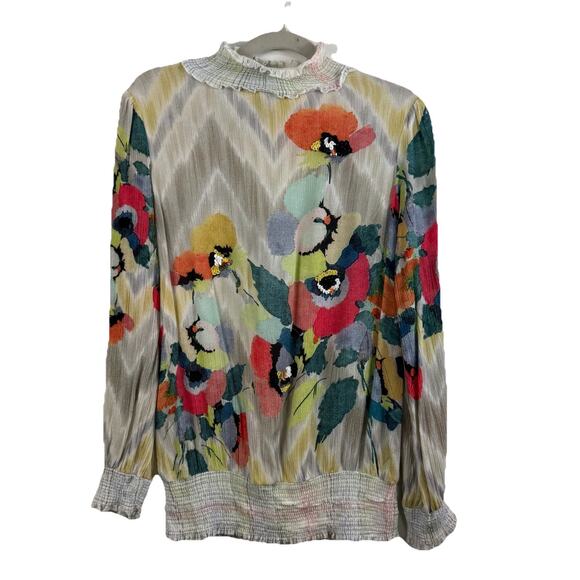 Anthropologie Tops - Anthropologie Blank London Floral Watercolor Top XS Smocked Sequin Chevron Boho